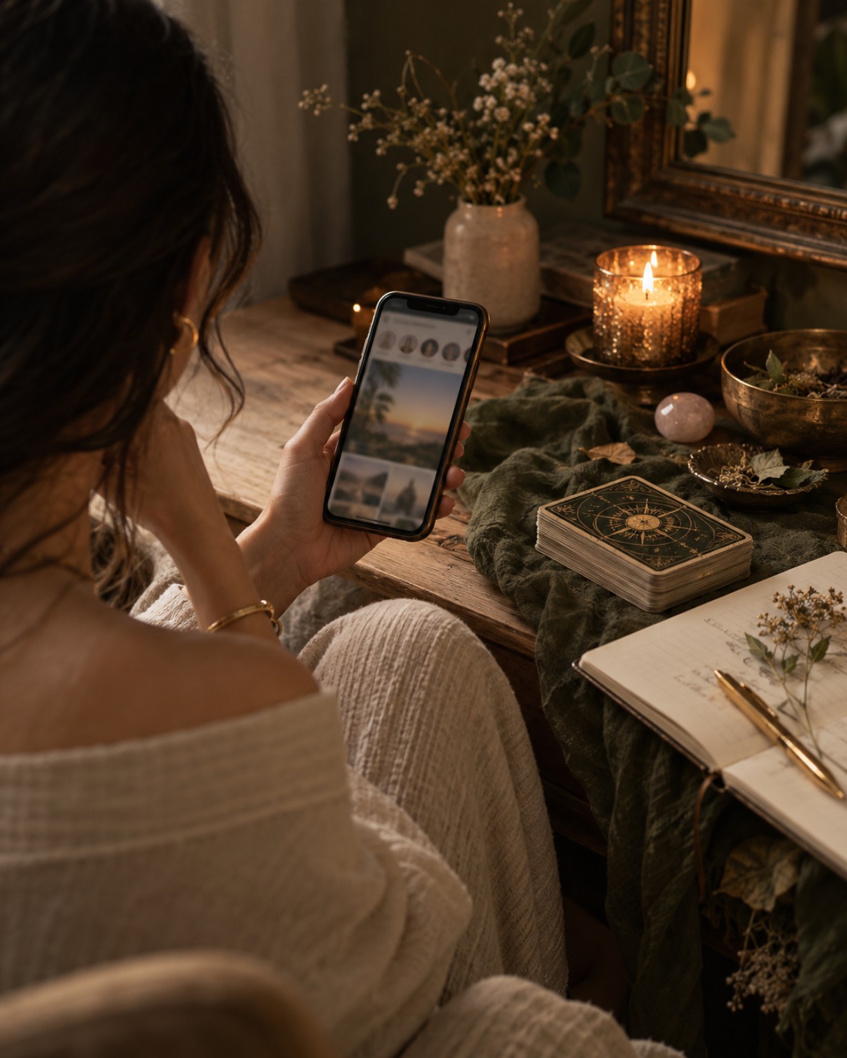 A quiet moment looking at a story on a phone beside Tarot cards and candlelight